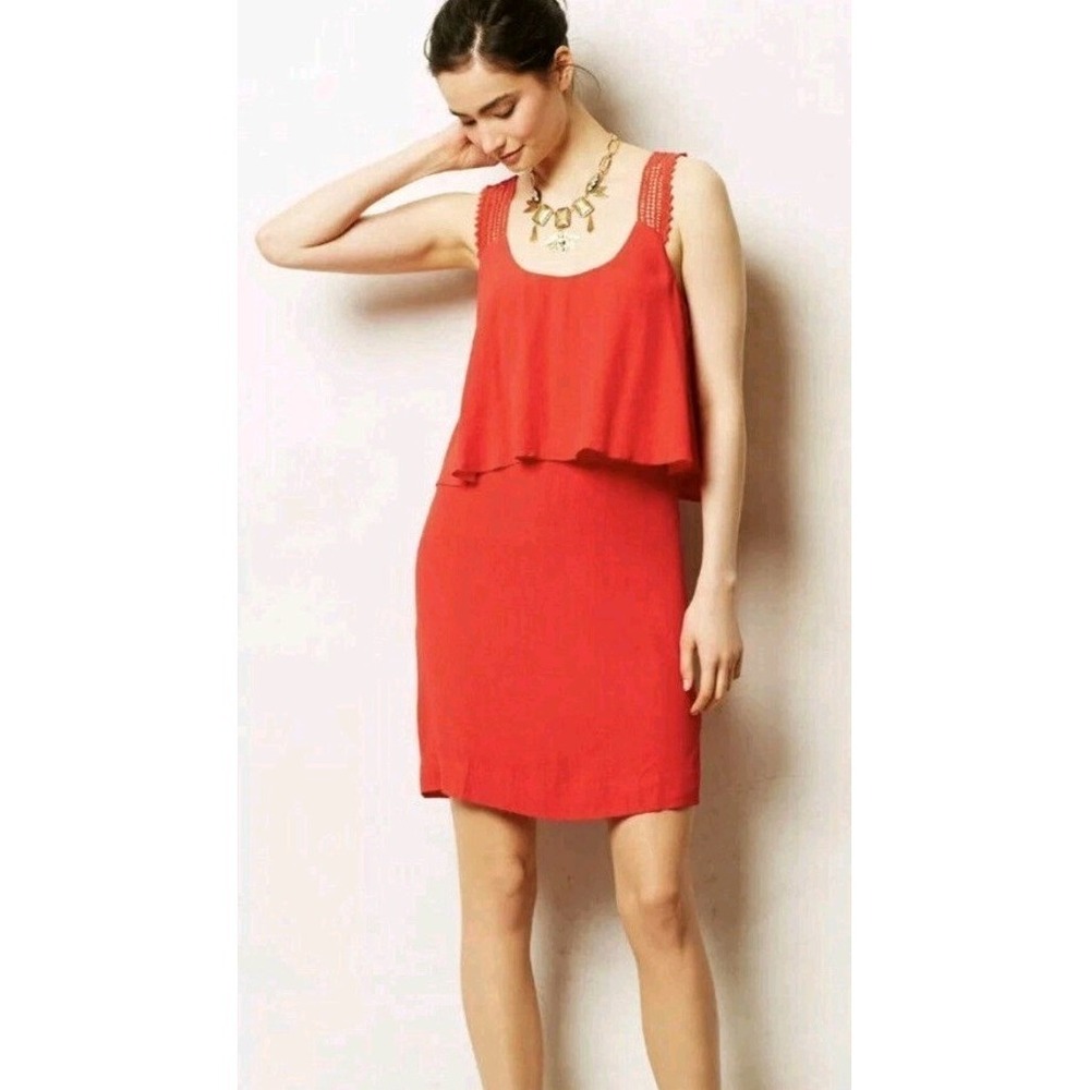 Maeve Anthropologie Tisana Layered Mini Dress Sz 4 Poppy Red Crochet Strap Flowy